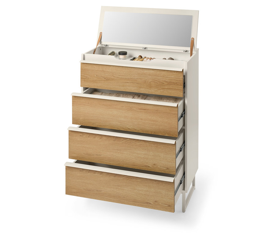 Komoda z czterema szufladami z otwartą górną częścią, odsłaniającą lustro i kosmetyki.