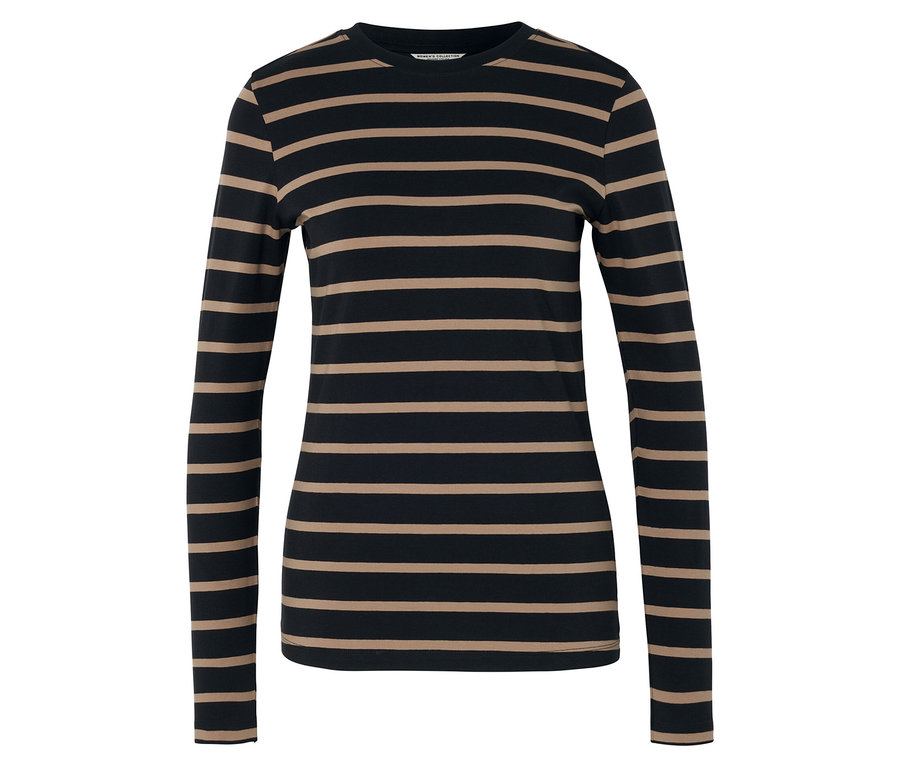 Czarno-beżowa bluzka w paski z długim rękawem.