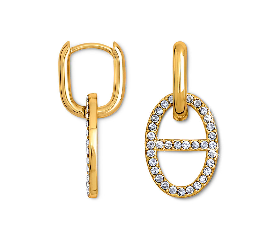 Dwa złote kolczyki z owalną zawieszką ozdobioną przezroczystymi kamieniami.