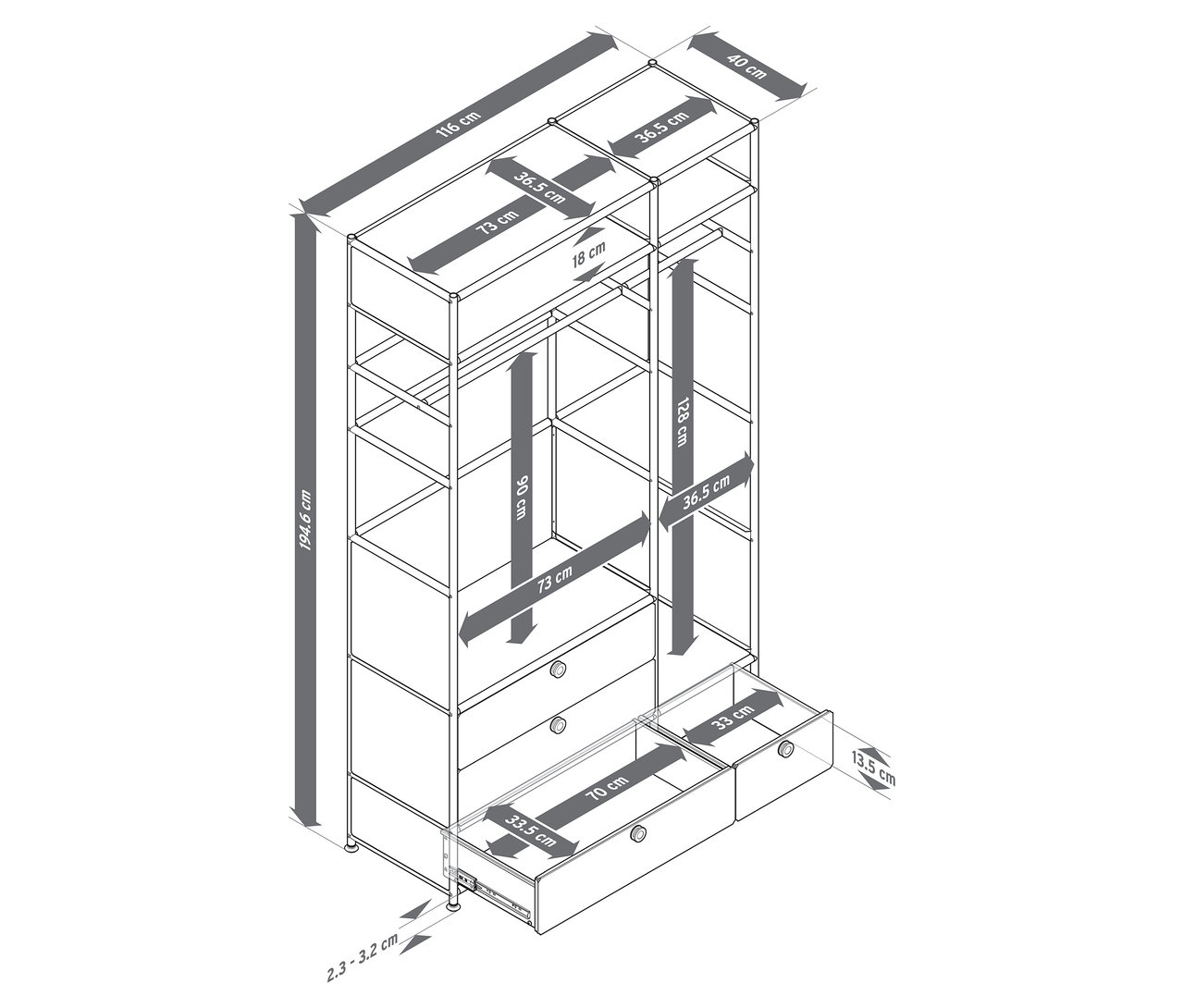 Model szkieletowy otwartej szafy z półkami i szufladami z wymiarami.