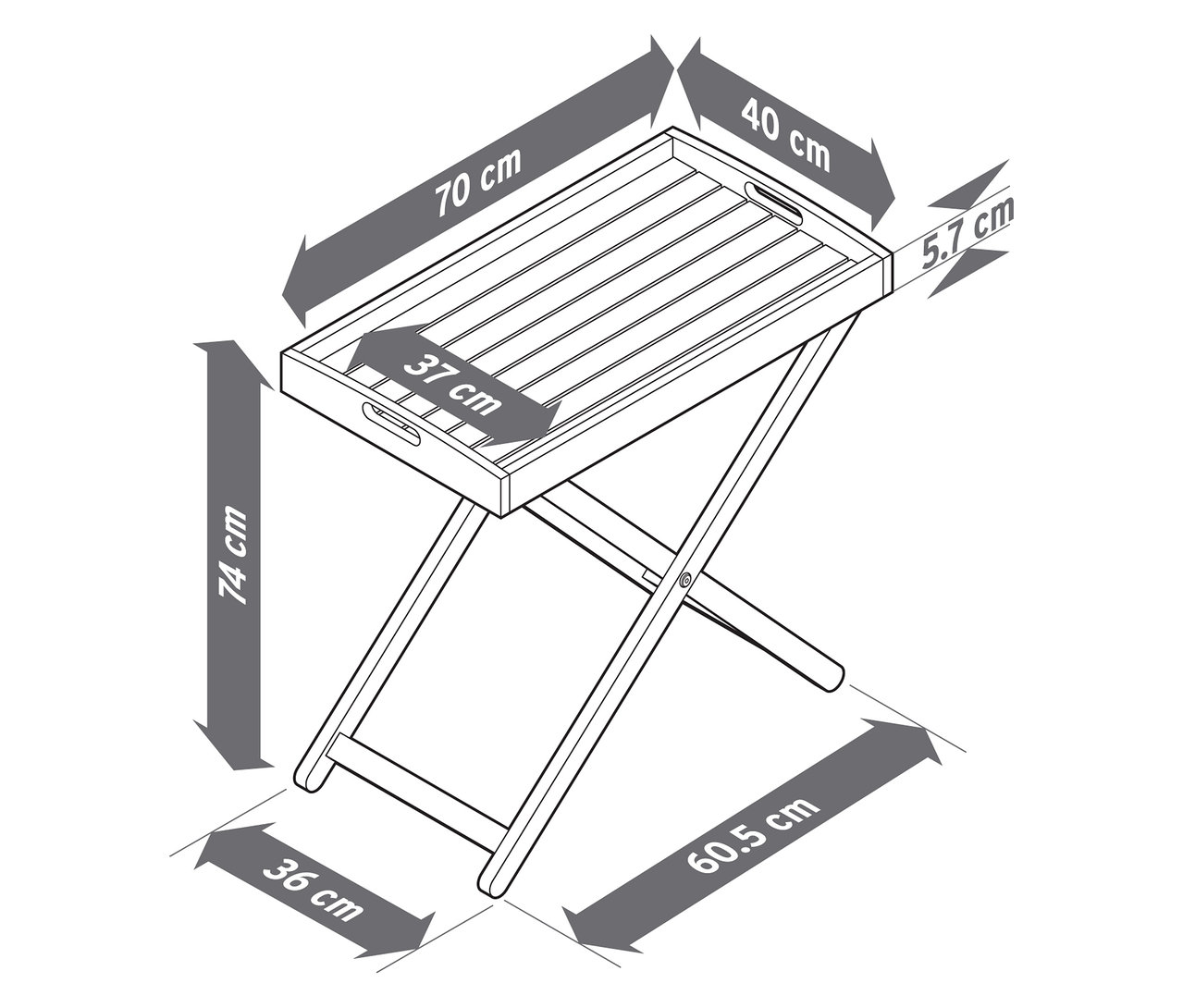 Diagram przedstawia wymiary składanego stolika z tacą. Wymiary tacy to 70 x 40 cm, a wysokość stolika to 74 cm.