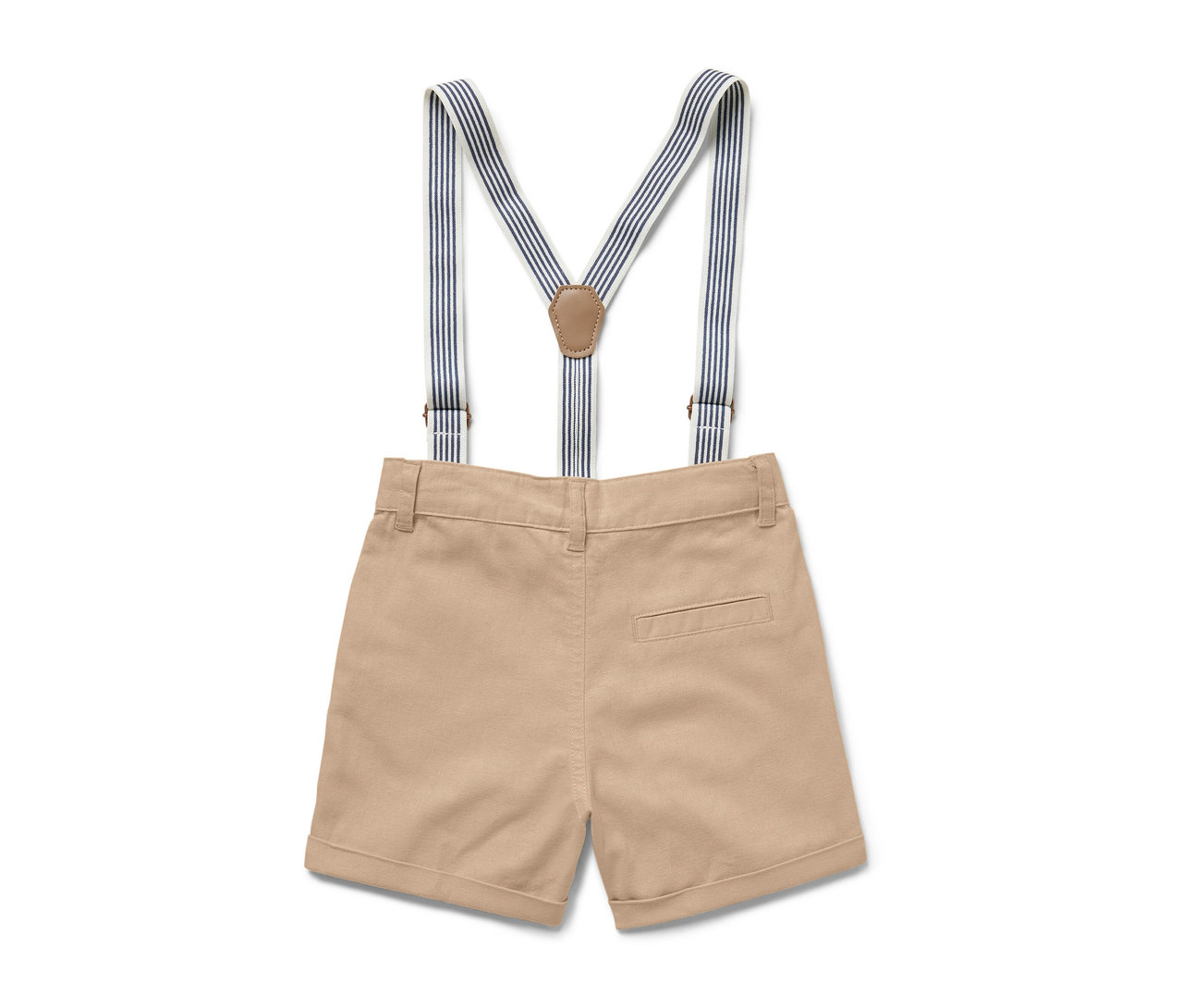 Beżowe szorty z niebiesko-białymi szelkami.