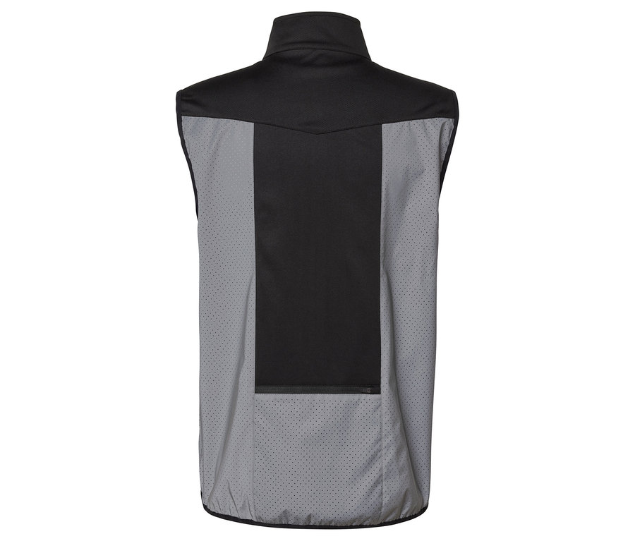 Widok z tyłu czarno-szarej kamizelki.