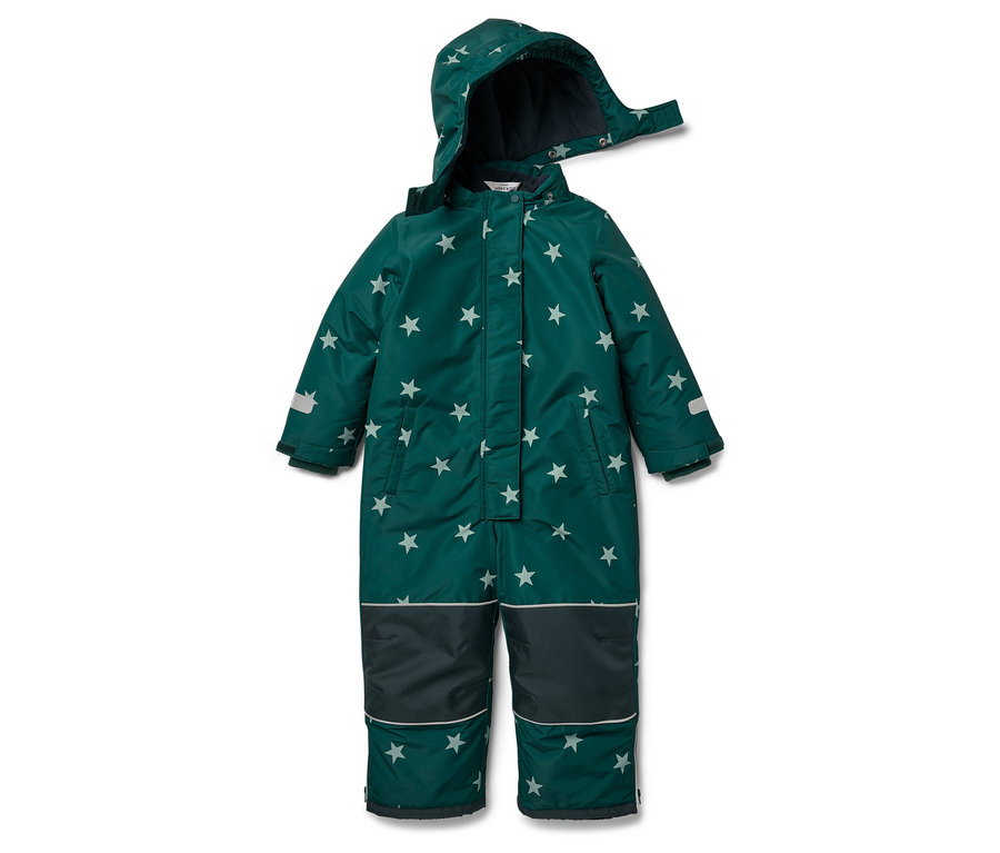Ciemnozielony kombinezon zimowy w białe gwiazdy z kapturem.