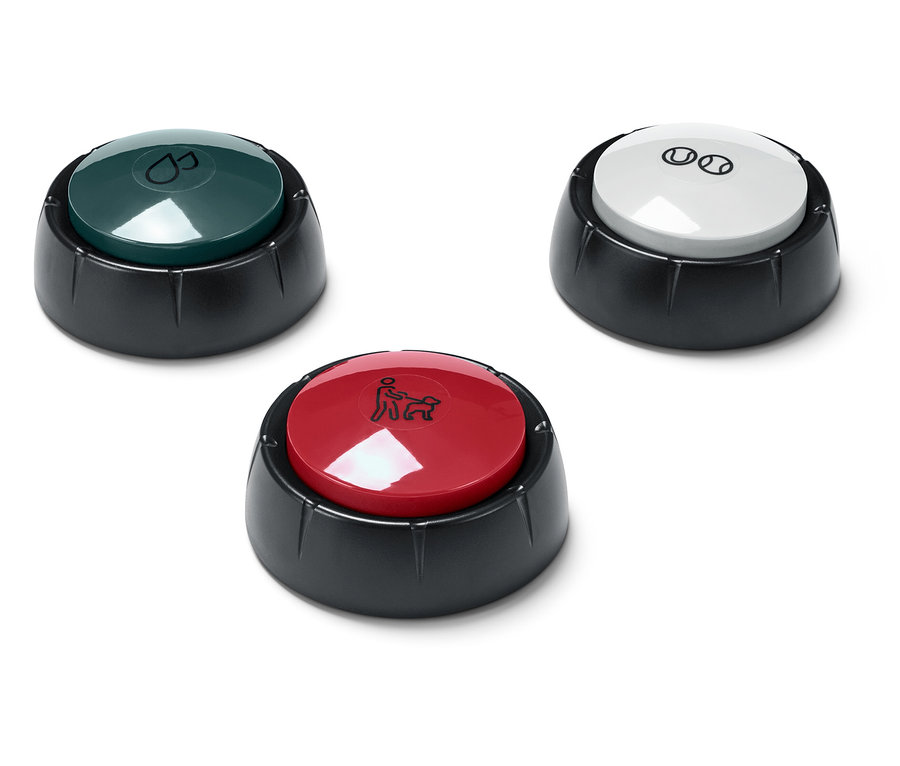 Trzy okrągłe przyciski z różnymi ikonami na białym tle.