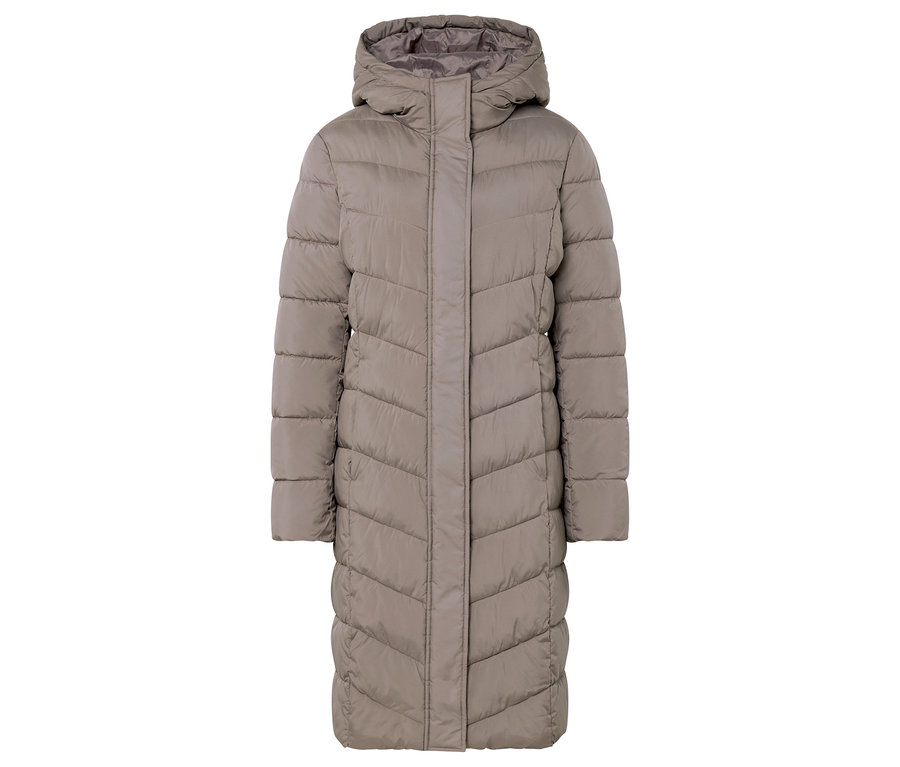 Beżowa, pikowana kurtka puchowa z kapturem.