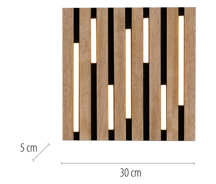 Dekoracyjny panel drewniany z oświetleniem LED, wymiary 30 x 30 cm.