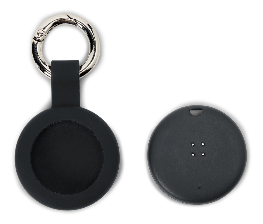 Czarne silikonowe etui z karabińczykiem i czarne urządzenie na białym tle.