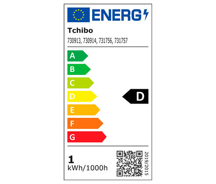 Etykieta energetyczna Tchibo z klasą efektywności energetycznej D i zużyciem 1 kWh/1000h.