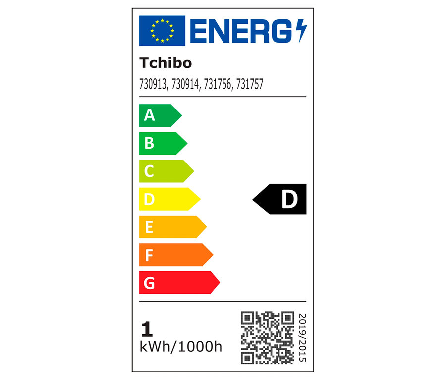 Etykieta energetyczna Tchibo z klasą efektywności energetycznej D i zużyciem 1 kWh/1000h.