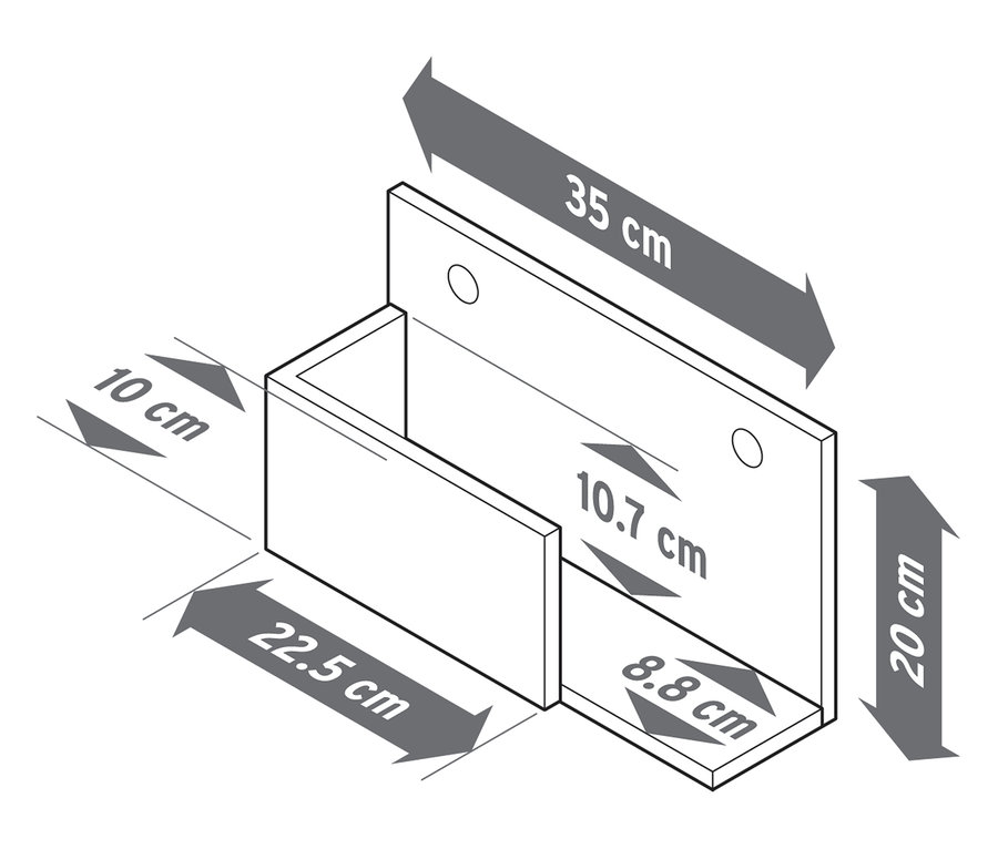 Ilustracja pojedynczego wspornika półki z Zestawu 3 półek z litego drewna z wymiarami.