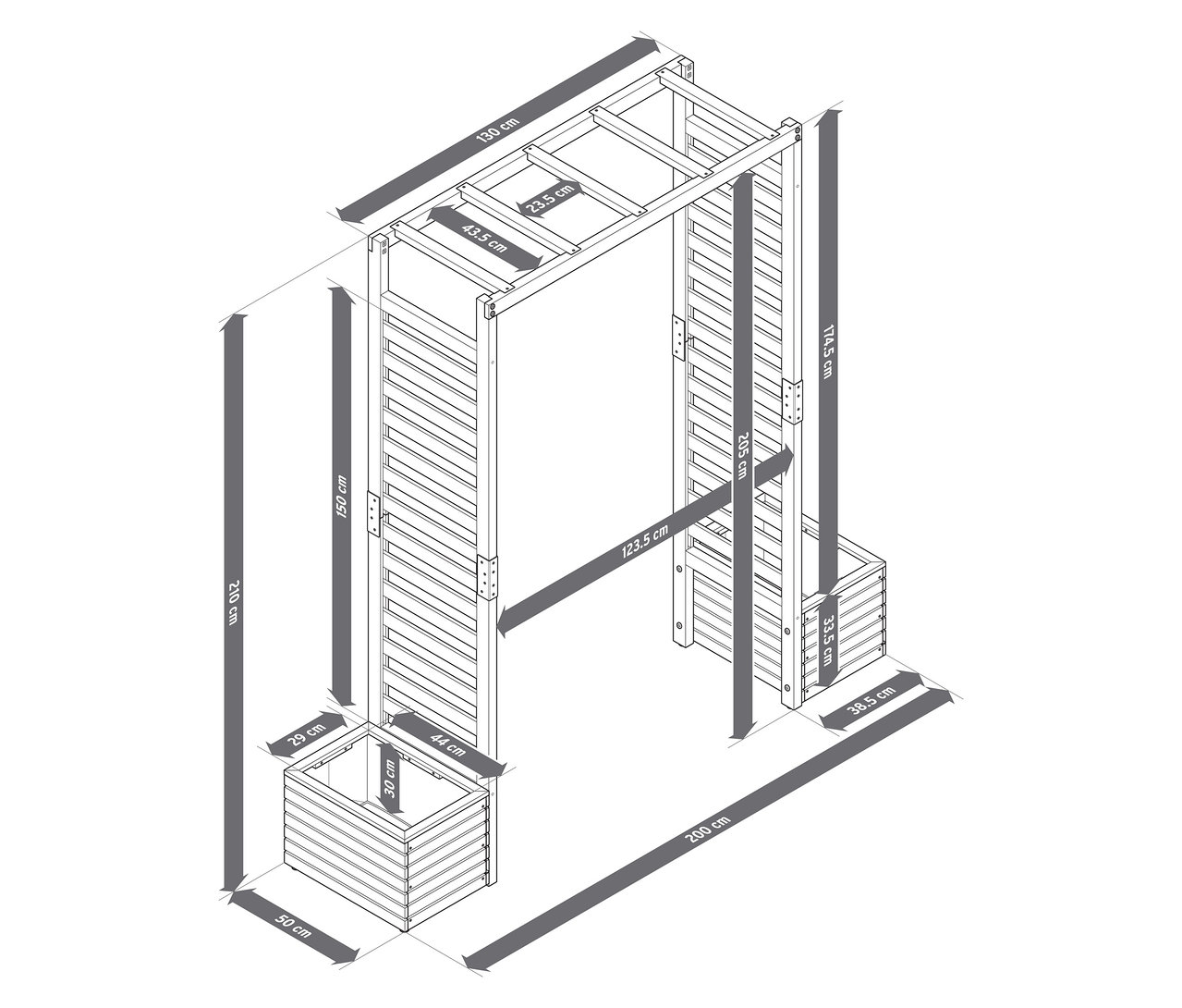 Szczegółowy schematyczny rysunek pergoli ze skrzynkami na kwiaty, z podanymi wymiarami.