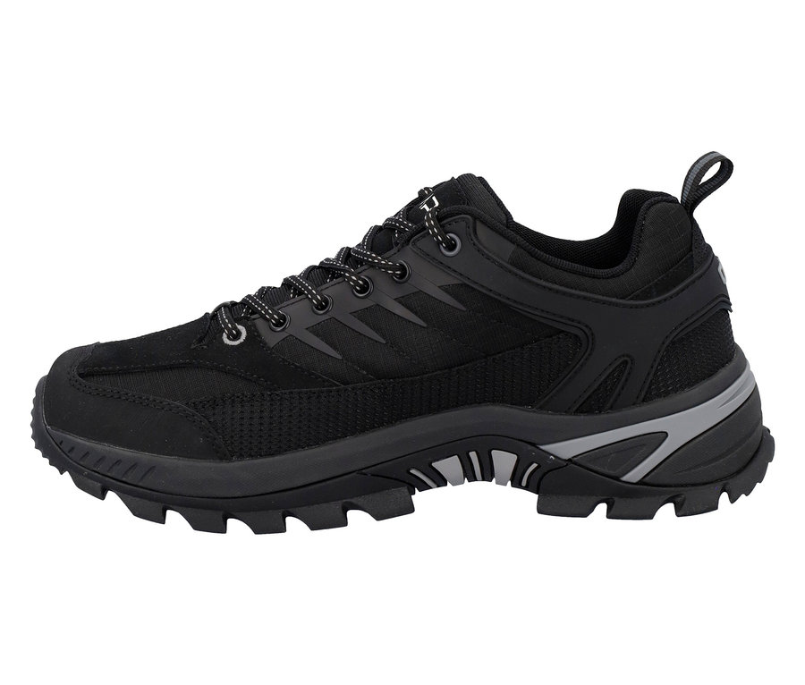 Czarny but trekkingowy ze sznurowadłami i szarymi akcentami.