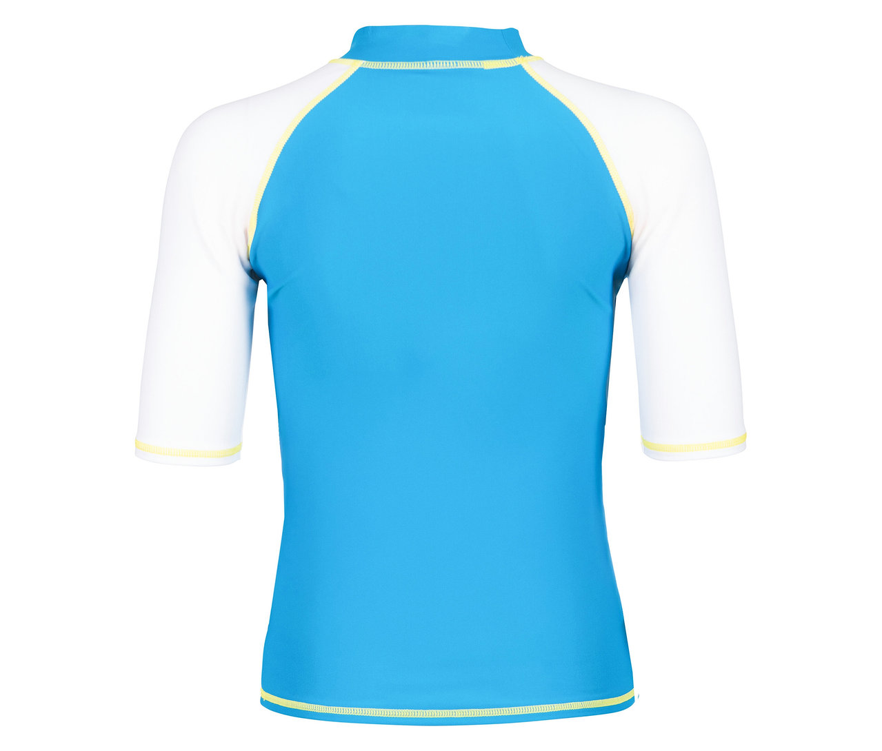 Jasnoniebieska koszulka Rashguard z białymi rękawami i żółtymi szwami.