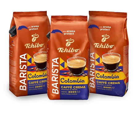 Trzy opakowania kawy ziarnistej BARISTA Origins Colombia − 3 × 1 kg na białym tle.