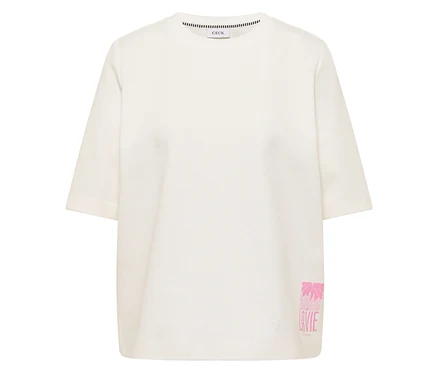 Bluza CECIL w kolorze kremowym z krótkimi rękawami i różowym nadrukiem palm i napisu LAVIE u dołu.