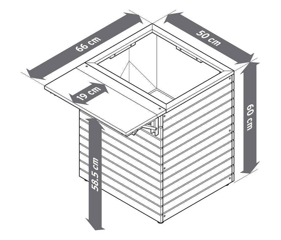Ilustracja skrzynki na kwiaty z rozkładanym stolikiem „Tinus” z wymiarami.