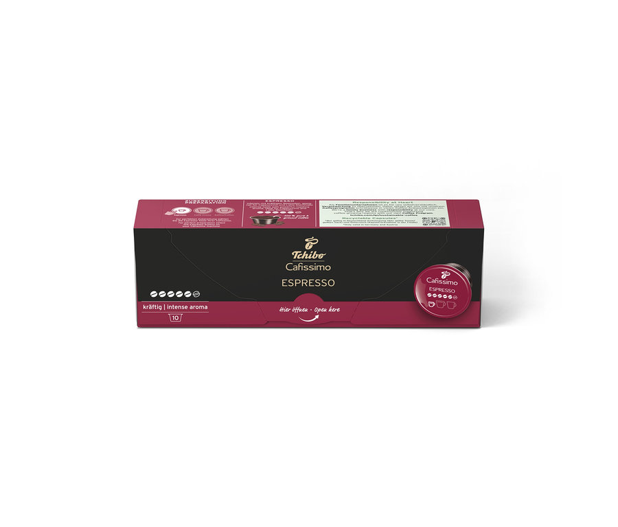 Ciemnoszare i czerwone opakowanie kawy w kapsułkach Tchibo Cafissimo Espresso Intense Aroma, zawierające 10 sztuk.