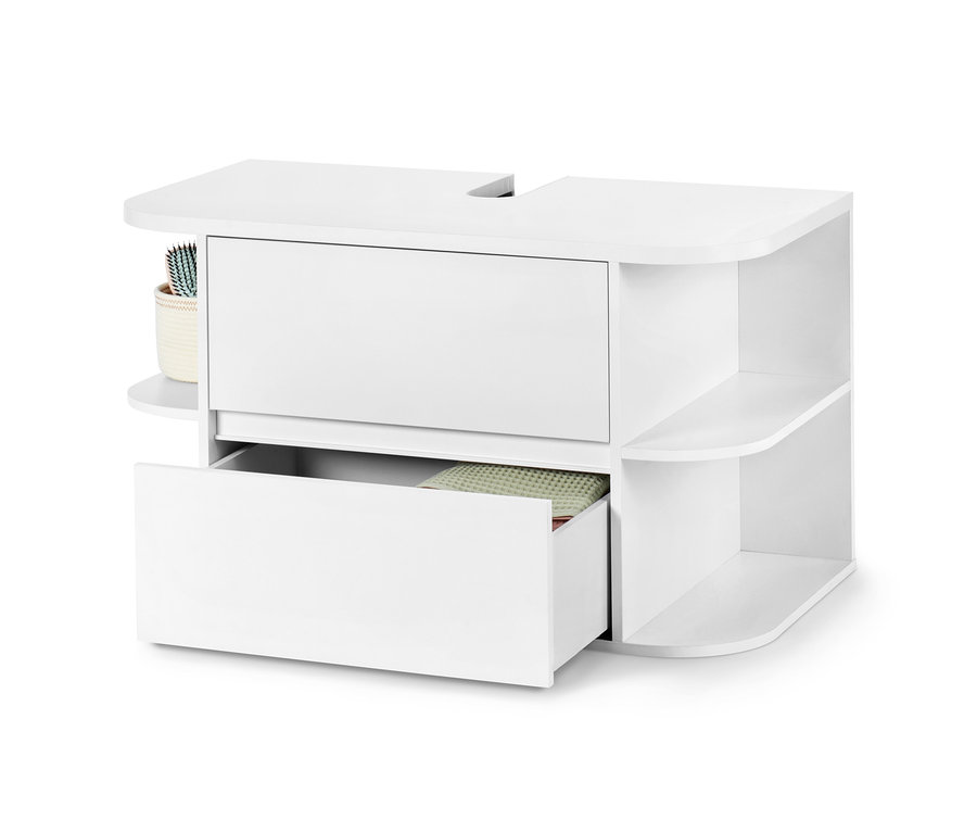 Biała, zaokrąglona szafka pod umywalkę z otwartą szufladą.