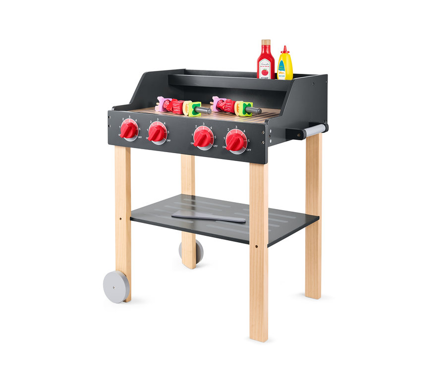 Zabawkowy grill z drewna z drewnianymi szaszłykami, keczupem i musztardą.
