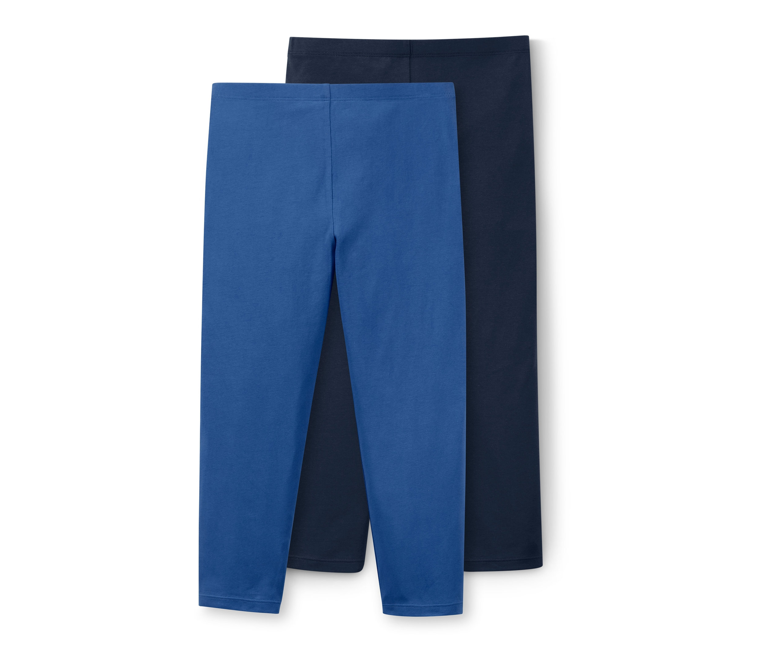 Dwie pary legginsów: jedna niebieska, a druga granatowa.