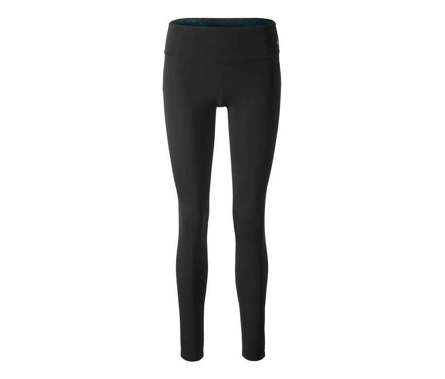 Czarne, dwustronne legginsy sportowe na białym tle.