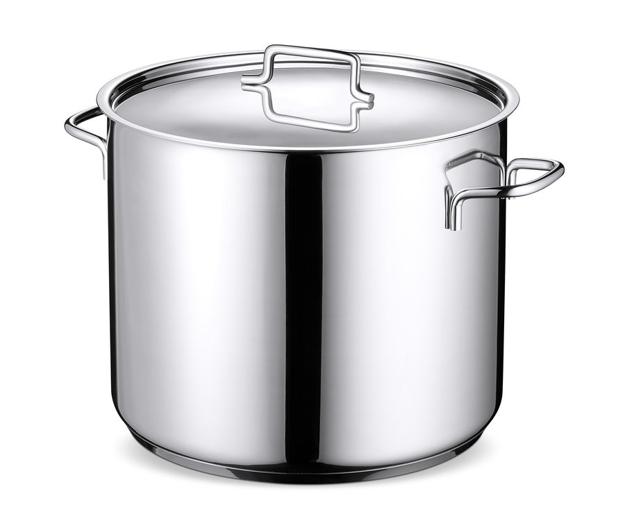 Garnek ze stali nierdzewnej XL z pokrywką i uchwytami.