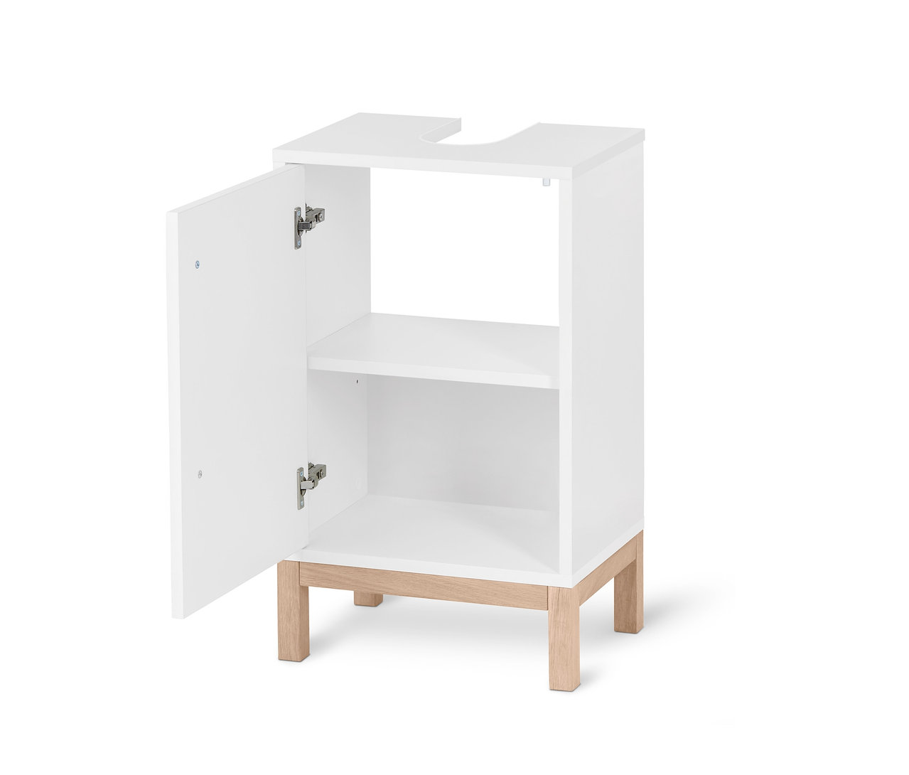 Otwarta mała biała szafka pod umywalkę Eklund z półką i jasnymi drewnianymi nóżkami.