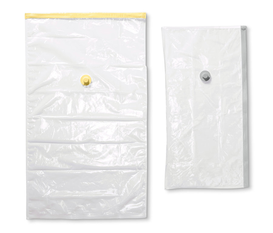 Dwa przezroczyste worki do przechowywania próżniowego.