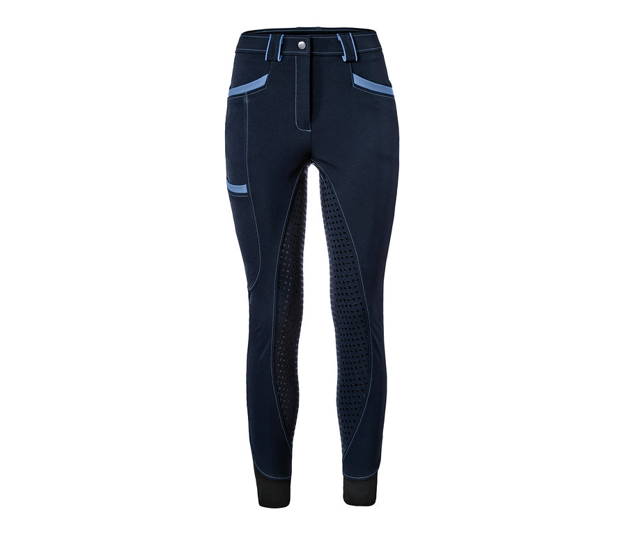 Granatowe damskie spodnie do jazdy konnej USG z niebieskimi detalami i antypoślizgowym lejem.