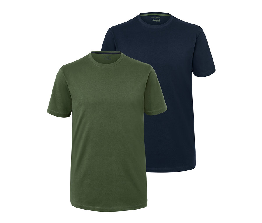 Dwie koszulki z okrągłym wycięciem pod szyją, jedna oliwkowa i jedna granatowa.