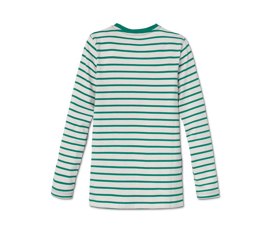 Piżama z bawełny ekologicznej w paski z długim rękawem w kolorze zielono-białym.