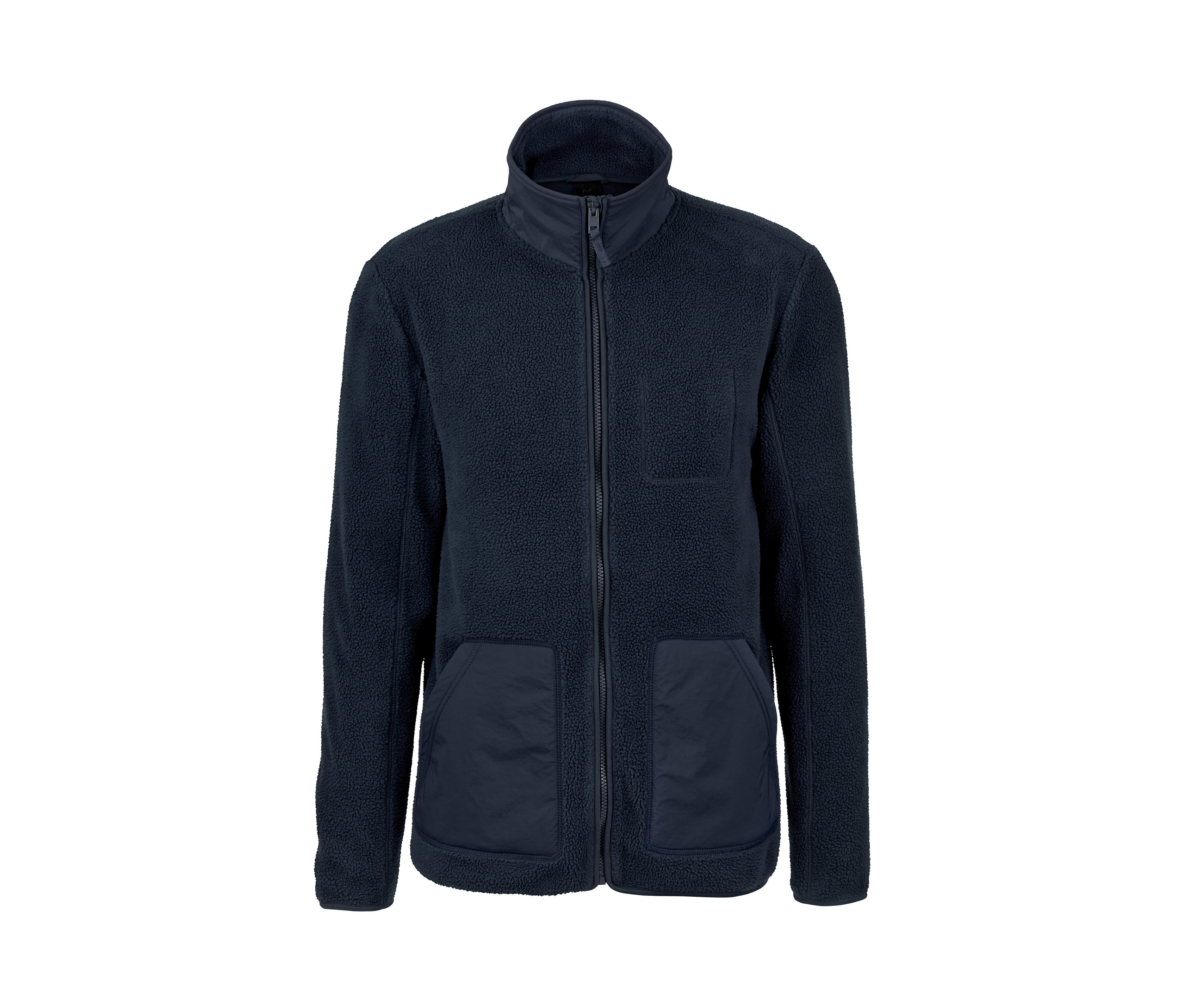 Granatowa kurtka z miękkiego pluszu z zamkiem błyskawicznym z przodu i kieszeniami.