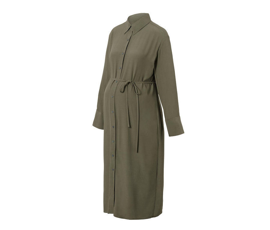 Prezentowana jest sukienka ciążowa w kolorze oliwkowym, z długimi rękawami i zapięciem na guziki.