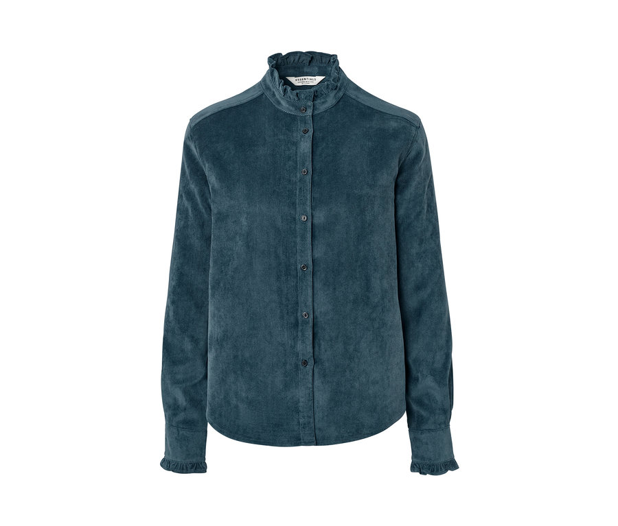 Niebieska bluzka sztruksowa z falbanką.