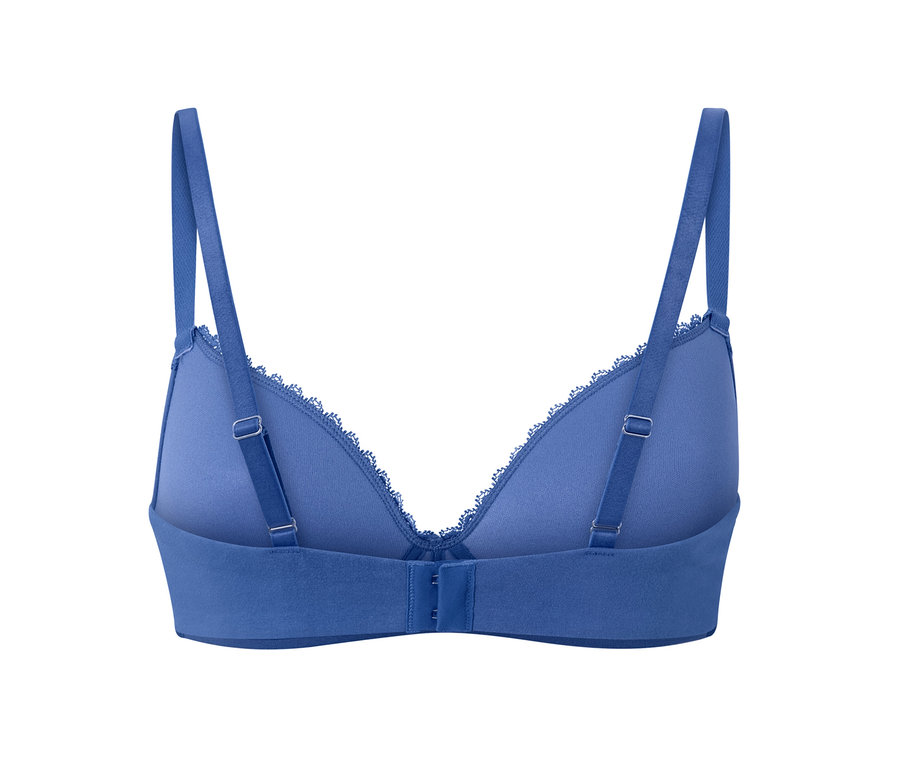 Niebieski biustonosz z miękkimi miseczkami, widok z tyłu.