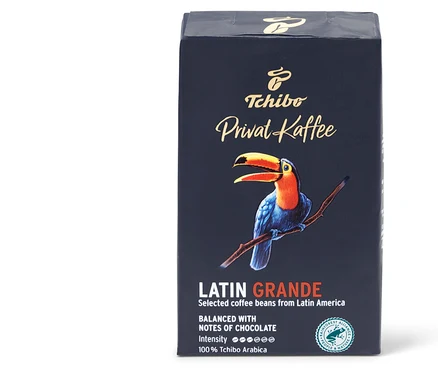 Opakowanie kawy mielonej Privat Kaffee, Latin Grande, 250 g z wizerunkiem tukana.