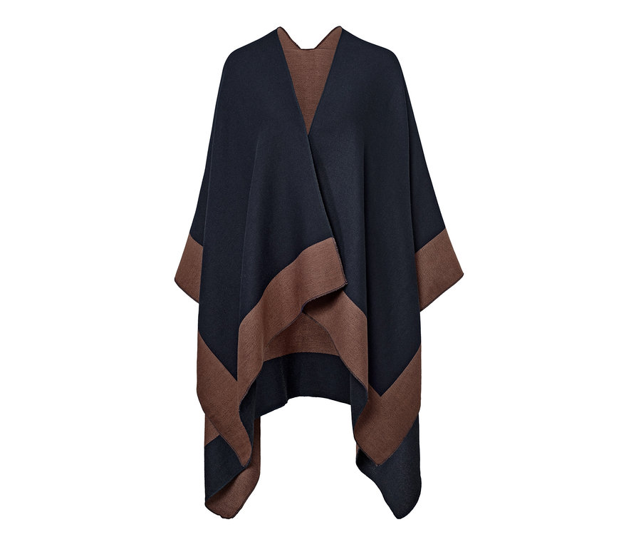 Dwustronne poncho w kolorze granatowo-brązowym.