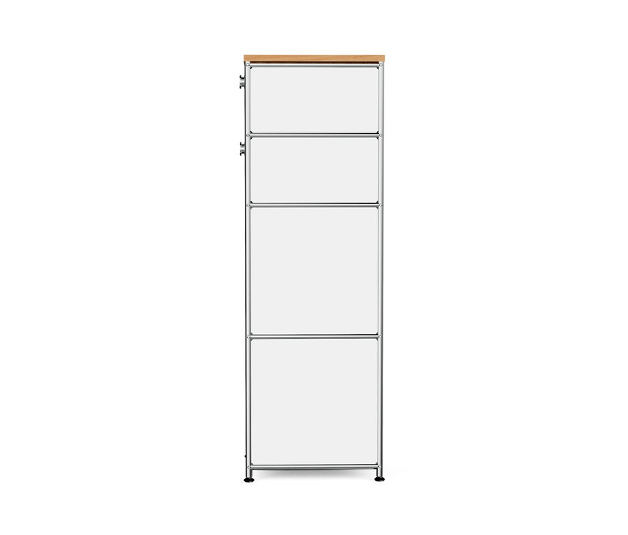 Biała, wąska metalowa komoda „CN3” z drewnianym blatem i dwiema szufladami.