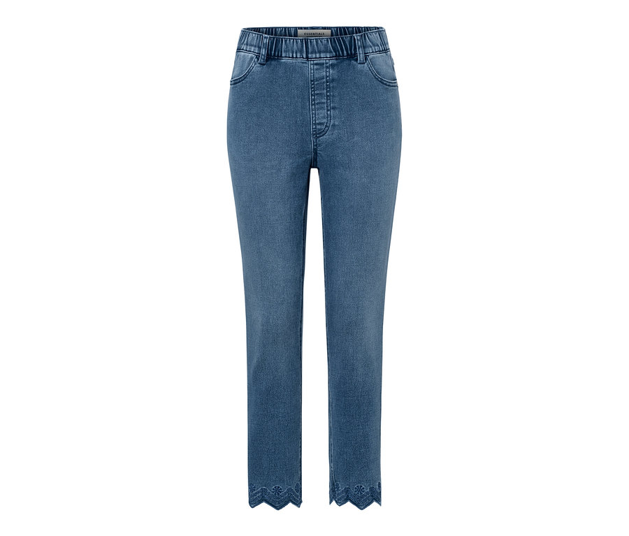 Niebieskie tregginsy o długości 7/8 z ażurowym haftem na dole.