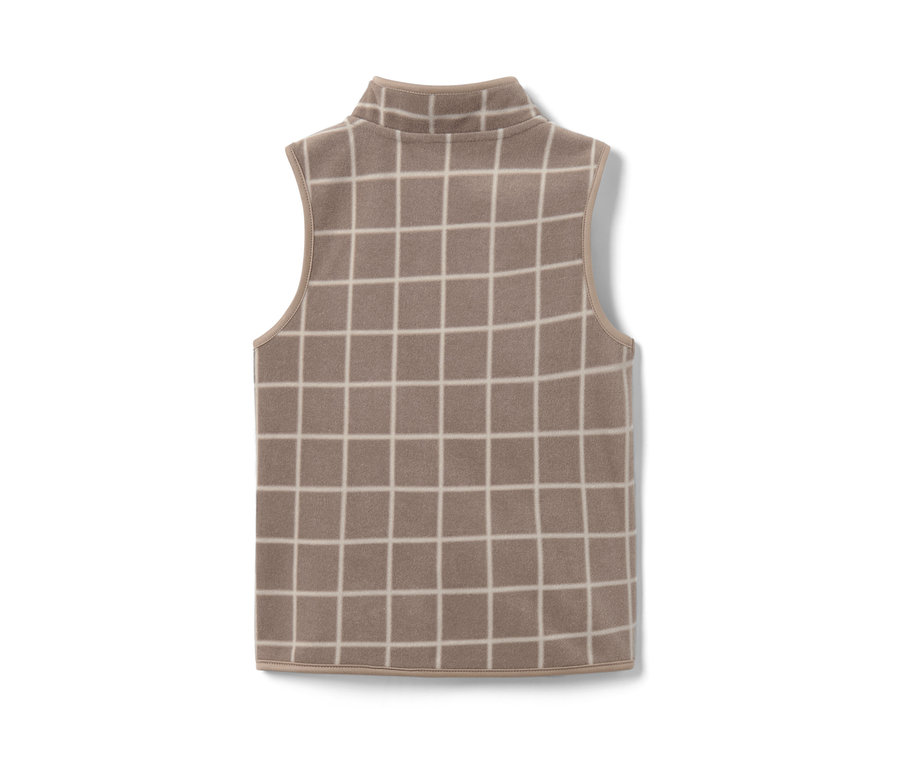 Szczegółowe zdjęcie dziecięcej kamizelki polarowej w kratę.