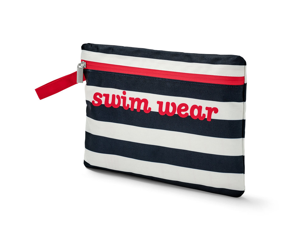 Pasiasta torebka na mokre rzeczy z czerwonym zamkiem błyskawicznym i napisem swim wear.
