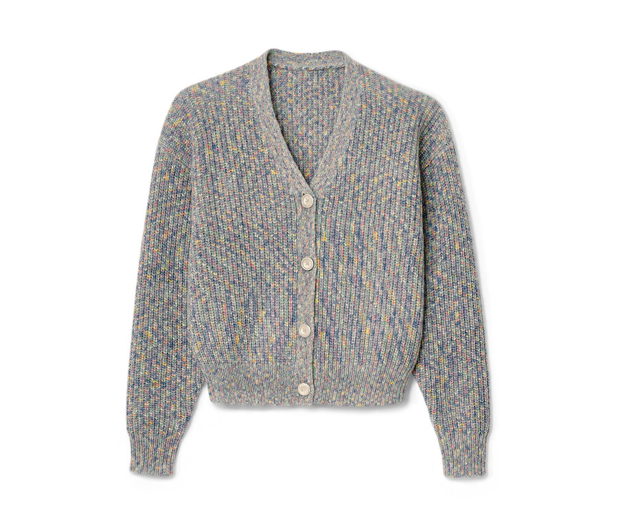 Szary dziecięcy kardigan z wełną zapinany na guziki.