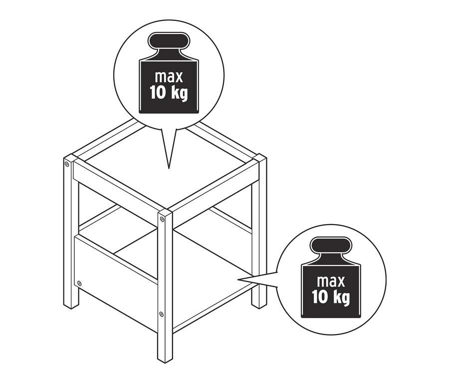 Czarno-biały rysunek stolika pomocniczego o maksymalnym obciążeniu 10 kg.
