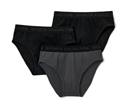 Trzy slipy: dwa czarne i jeden szary. Wszystkie mają napis SPORTS COLLECTION.
