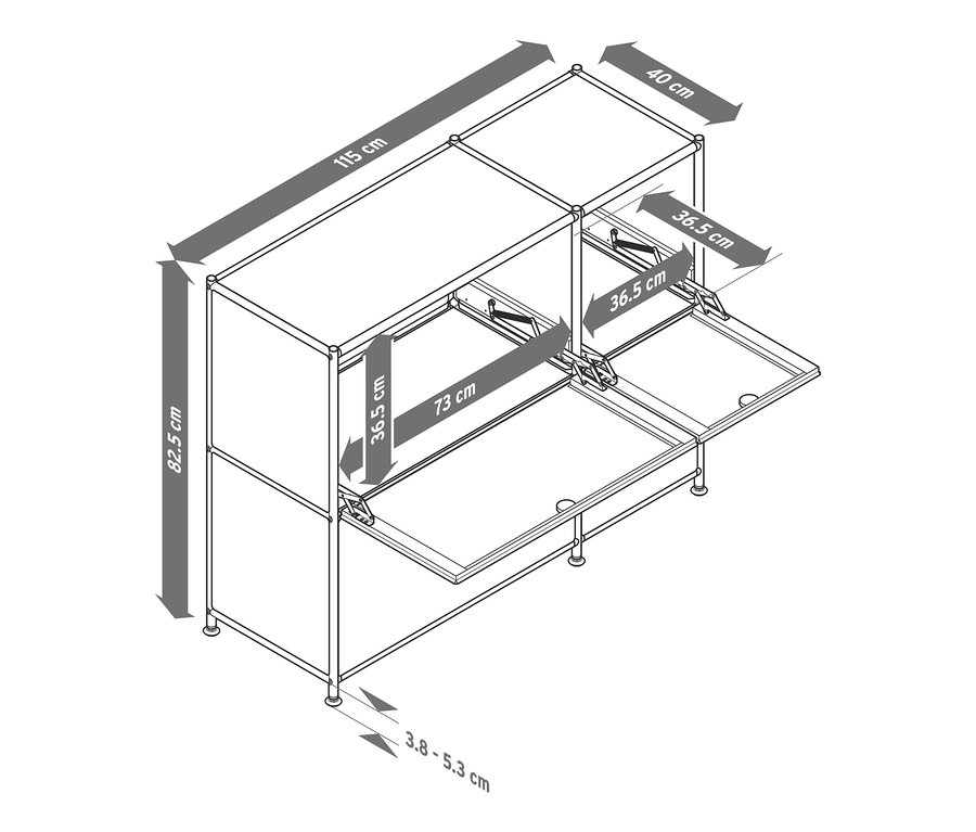 Wymiary szafki typu sideboard, »CN3« z 4 klapami.