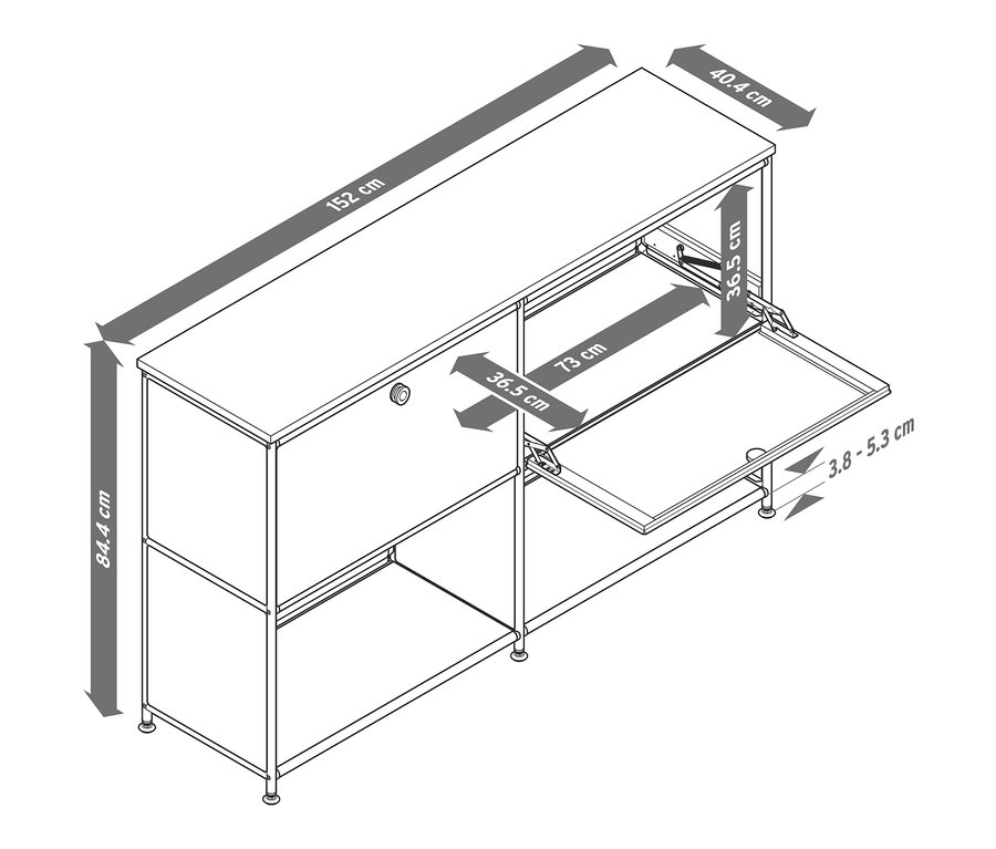 Ilustracja szafki metalowej typu sideboard "CN3" z drewnianym blatem i regulowanymi przegródkami z klapami z wymiarami.