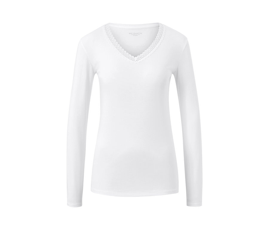 Biały podkoszulek z długim rękawem i koronką przy dekolcie.