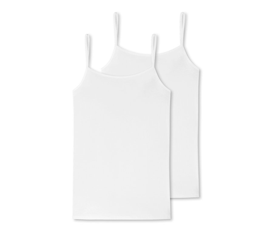 Dwa białe podkoszulki na ramiączkach SCHIESSER leżą na sobie.
