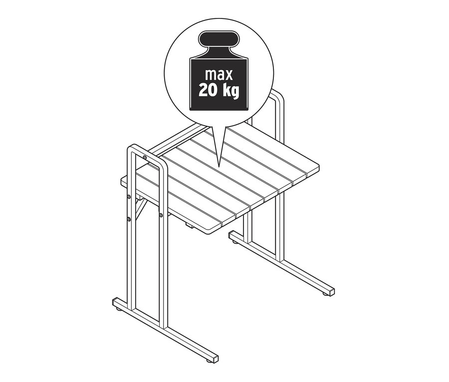 Ilustracja stolika w kształcie litery C z dużym blatem i maksymalnym obciążeniem 20 kg.